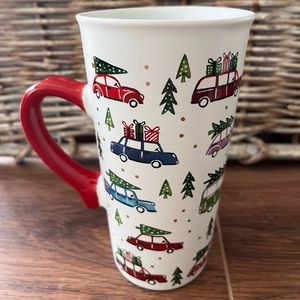 Peppermint and Pine tall Christmas trees on vehicles travel coffee mug with lid